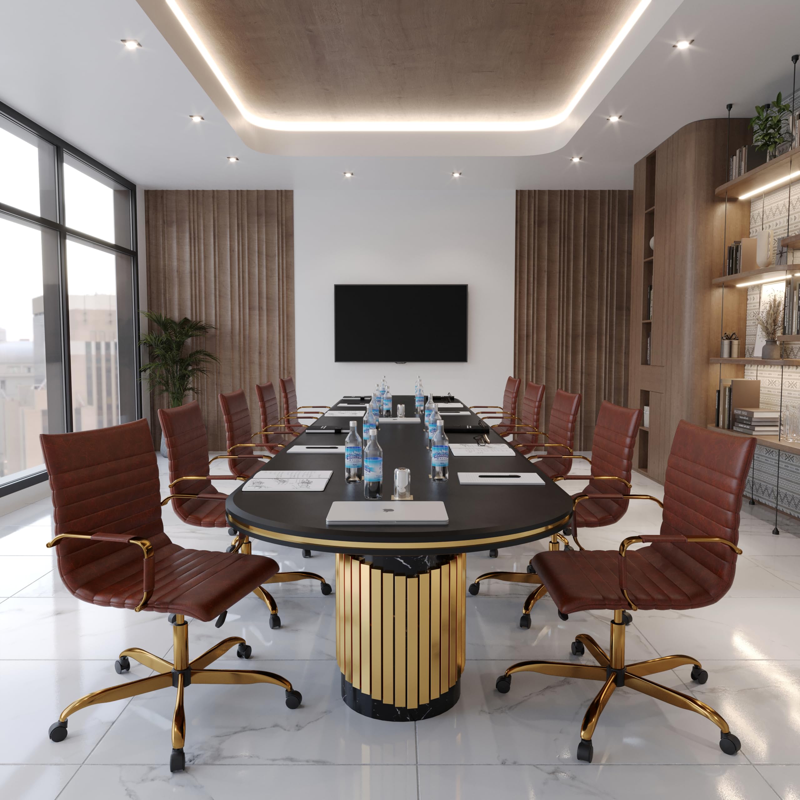 Modern Ergonomic Executive Office Chair, High-Back Leather Conference Desk Chair with Adjustable Height, Tilt Control, 360° Swivel & Gold Frame for Home Office