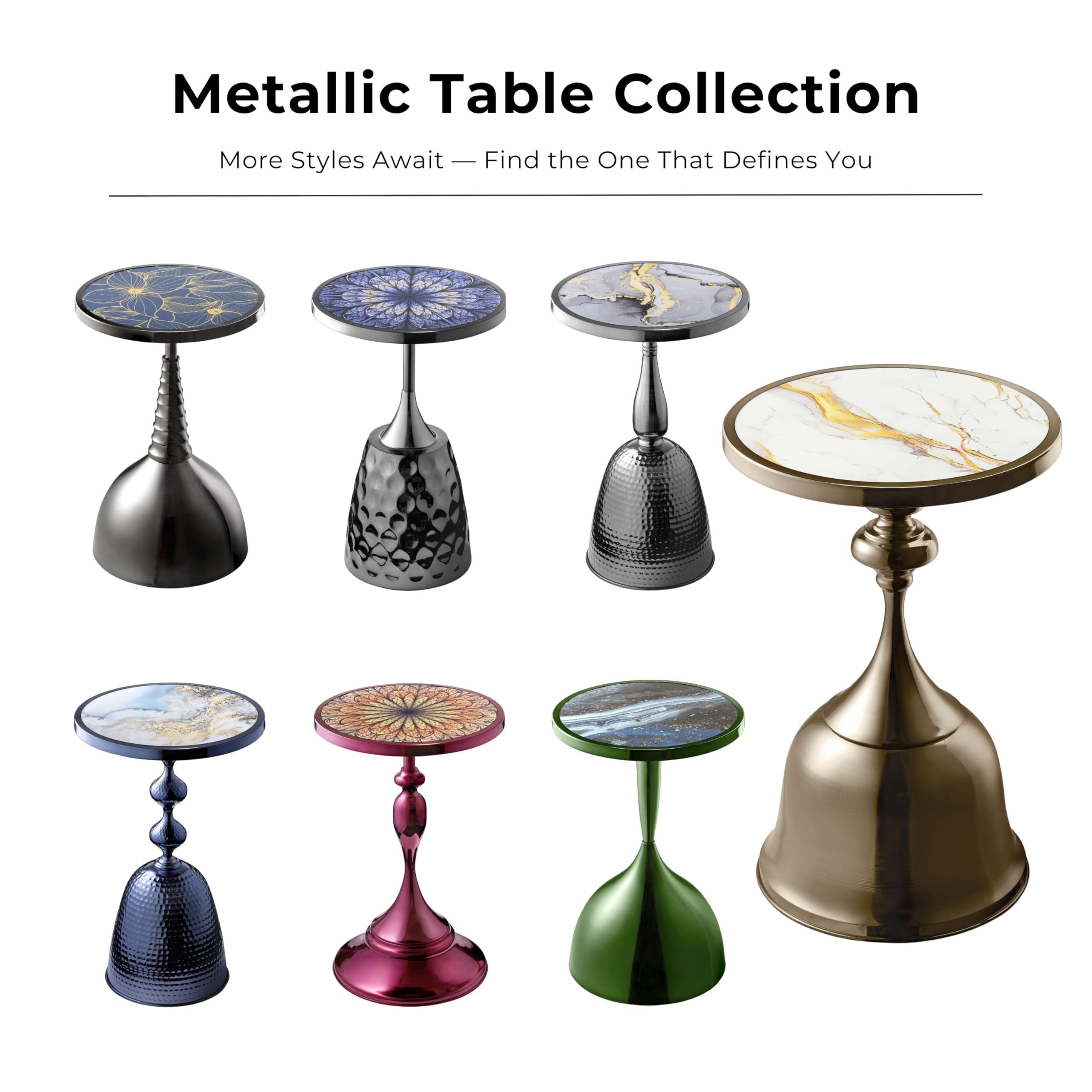 Modern 24" Tall Round End Table with Decorated Tabletop and Iron Metal Base, Accent Furniture, Elegant Pedestal Stand for Living Room, Home Office, Black with Floral Print