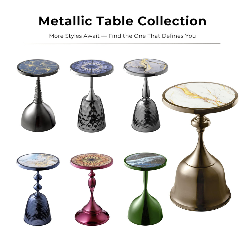 Modern 24" Tall Round End Table with Decorated Tabletop and Iron Metal Base, Accent Furniture, Elegant Pedestal Stand for Living Room, Home Office, Chrome Blue