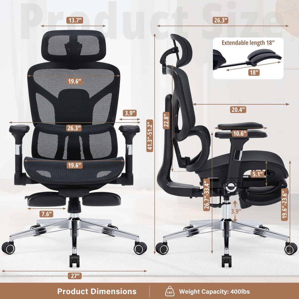 Ergonomic Office Chair with Footrest-Mesh Desk Chair with Adjustable Headrest, 5D Armrests, 3D Lumbar Support & Adjustable Backrest, High Back Swivel Computer Chairs, Heavy Duty Metal Base 400lbs