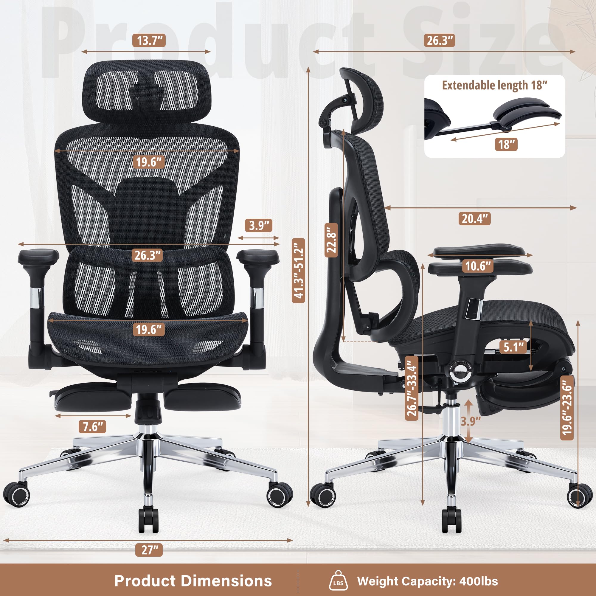 Ergonomic Office Chair with Footrest-Mesh Desk Chair with Adjustable Headrest, 5D Armrests, 3D Lumbar Support & Adjustable Backrest, High Back Swivel Computer Chairs, Heavy Duty Metal Base 400lbs