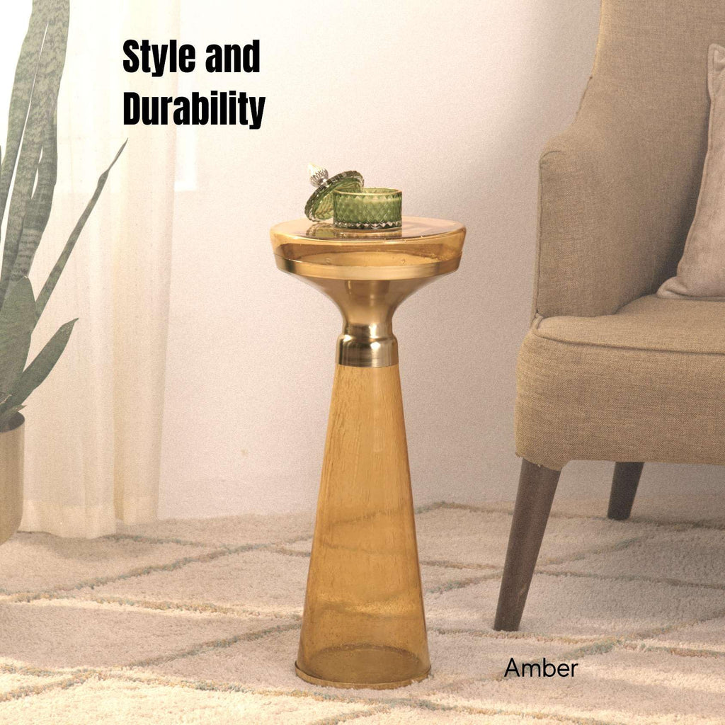 Modern Decorative Round Drink Table with Glass Base and Top with Gold Metal Accent, Martini, Gold Pedestal Table, Tall Side Table, Small Space end Table, for Living Room & Bedroom, Amber,Assembled