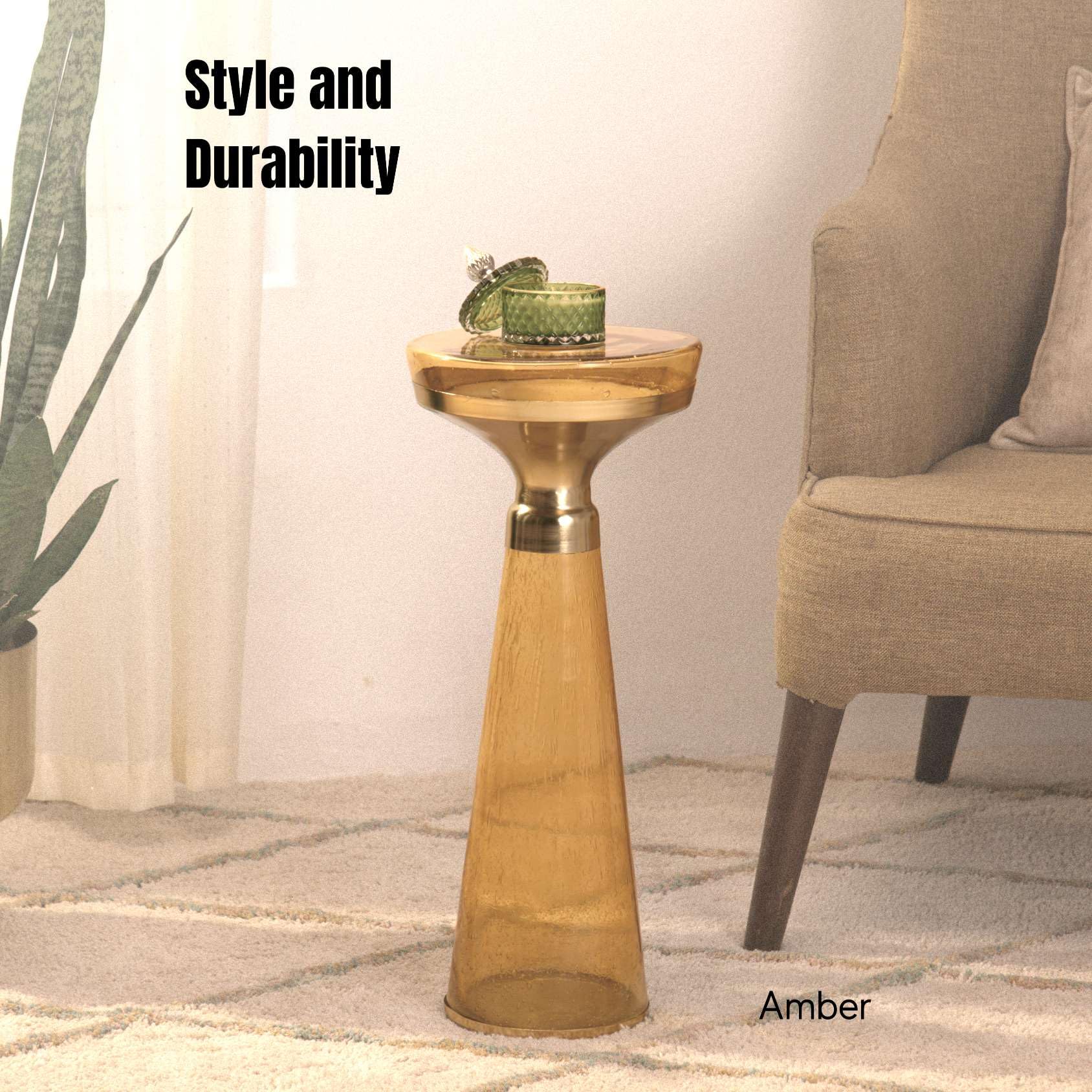 Modern Decorative Round Drink Table with Glass Base and Top with Gold Metal Accent, Martini, Gold Pedestal Table, Tall Side Table, Small Space end Table, for Living Room & Bedroom, Amber,Assembled