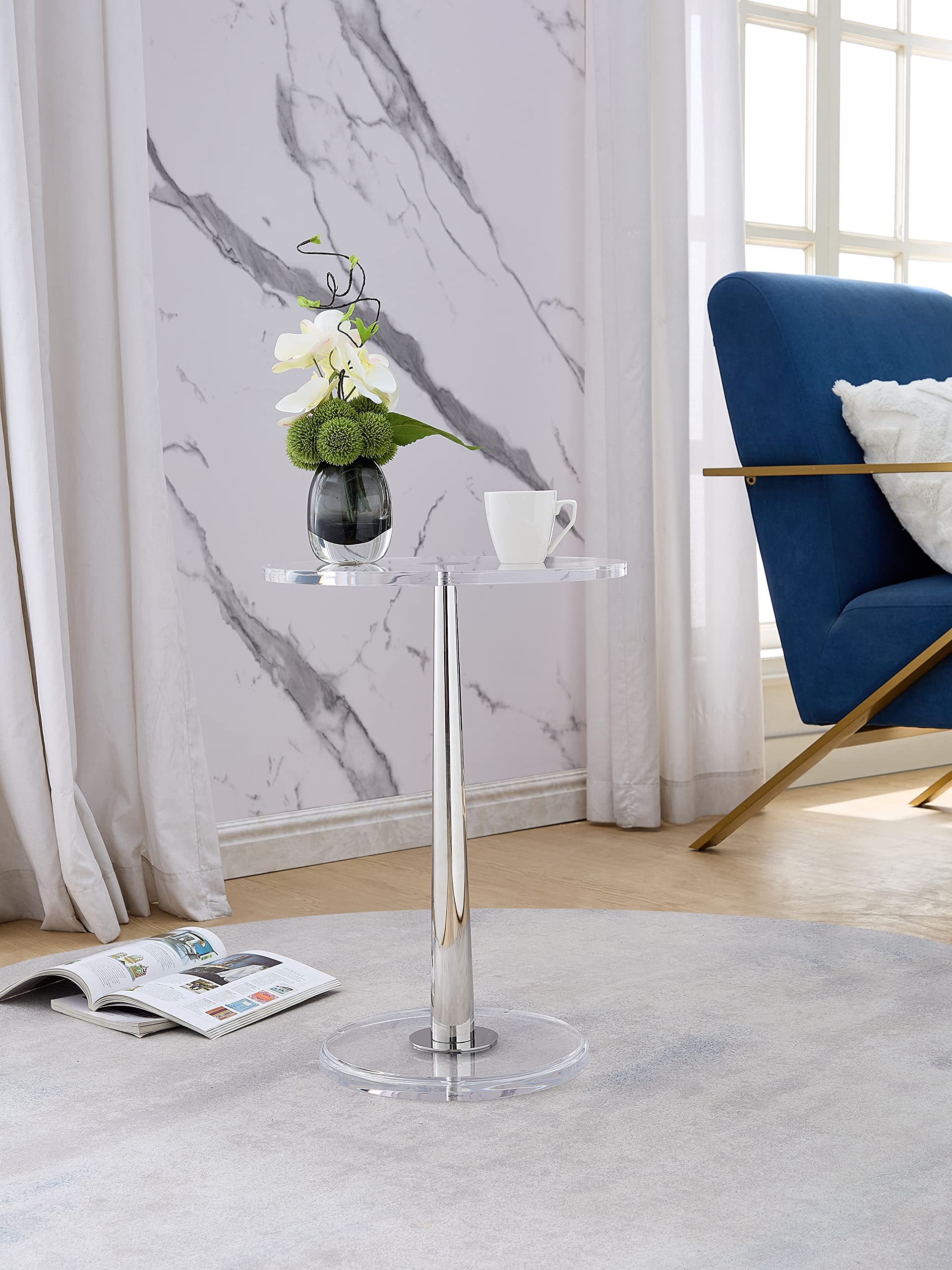 Clear Acrylic Table with Cone Metal Pole (Small, Silver) …