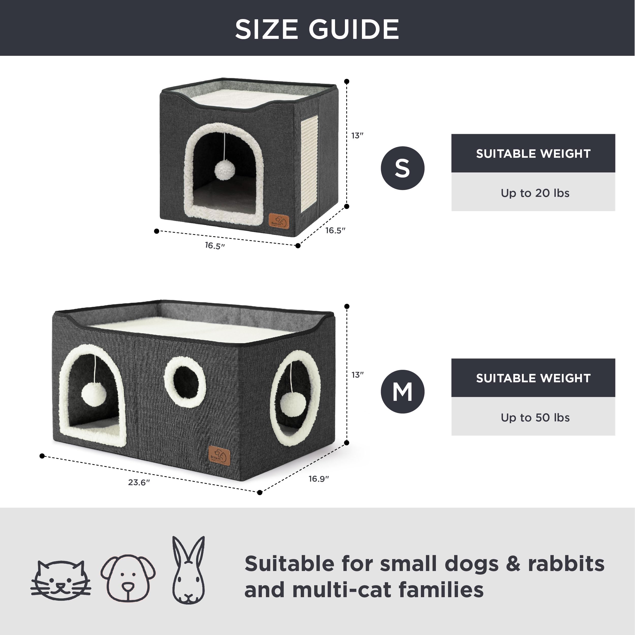Large Cat Beds for Indoor Cats - Extra Wide Cat Cube House for Small Pet with Fluffy Ball Hanging and Scratch Pad, Foldable Pet Cave Hideaway for Multiple Cats, 23.6x16.9x13 inches, Dark Grey