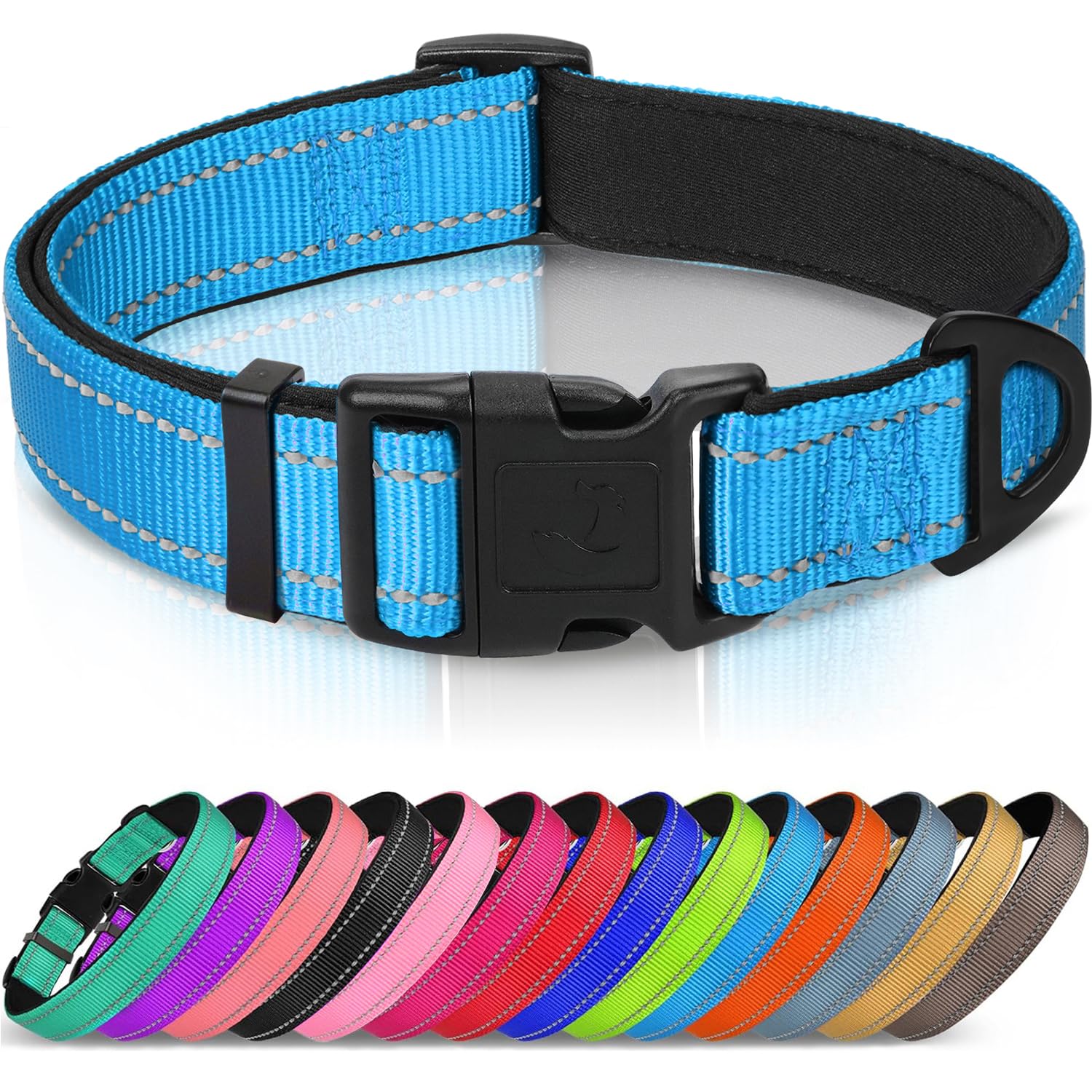 Reflective Dog Collar, Soft Neoprene Padded, Metal D-Ring, Nylon Pet Collar Adjustable for Medium Dogs, Sky Blue, M