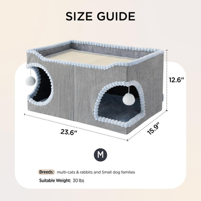 Large Cat Beds for Indoor Cats - Extra Wide Cat House with Scratch Removable Top Sisal Pad for Multi Cats, Foldable Cave Hideaway for Entertainment, 23.6x15.9x12.6inches, Grey