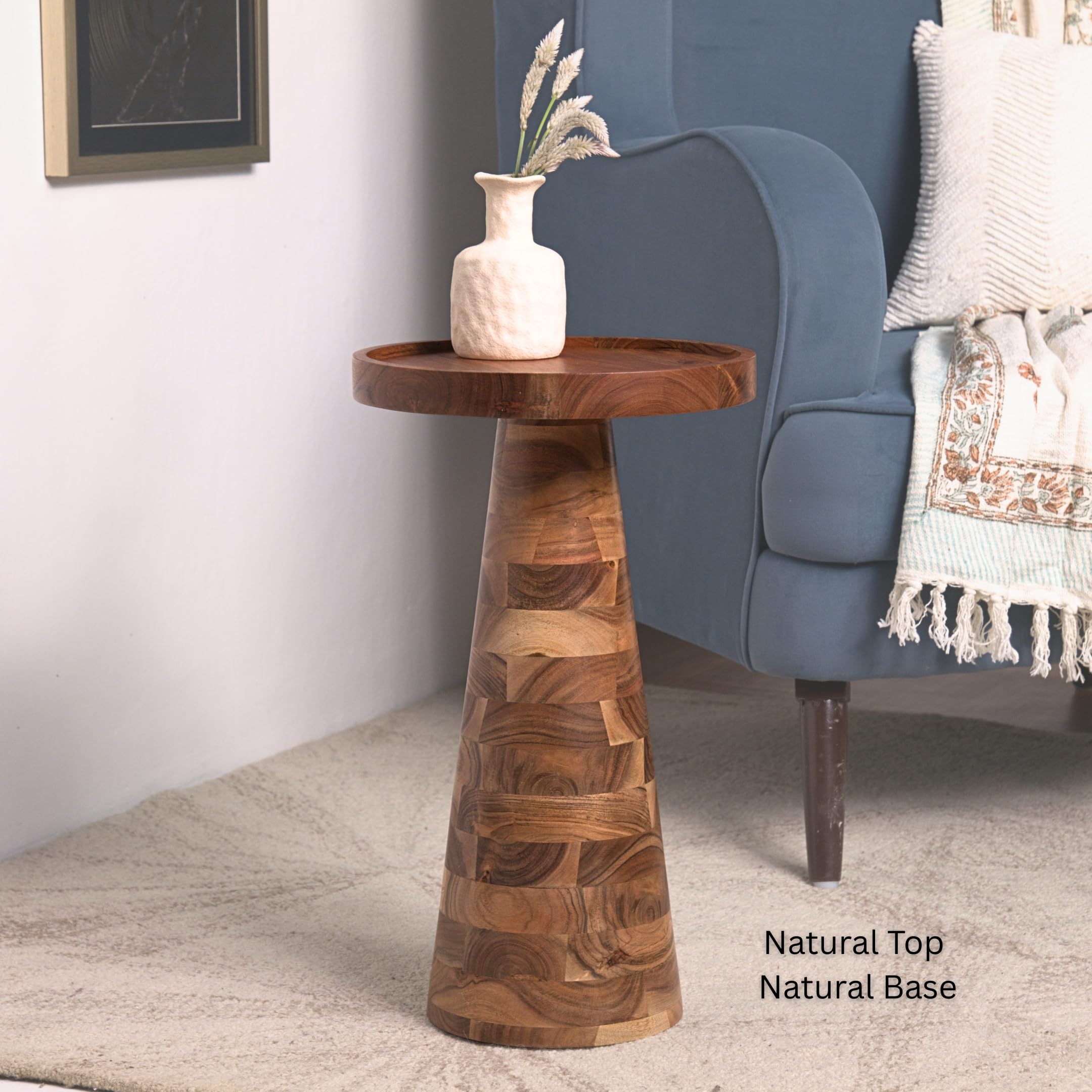 Mid-Century Farmhouse Cottagecore Accent End Table, Solid Wood Side Table with Tray Top,Pedestal Martini Table, Handmade Plant Stand Rustic Drink Table for Living Room, Bedroom, Natural,Assembled