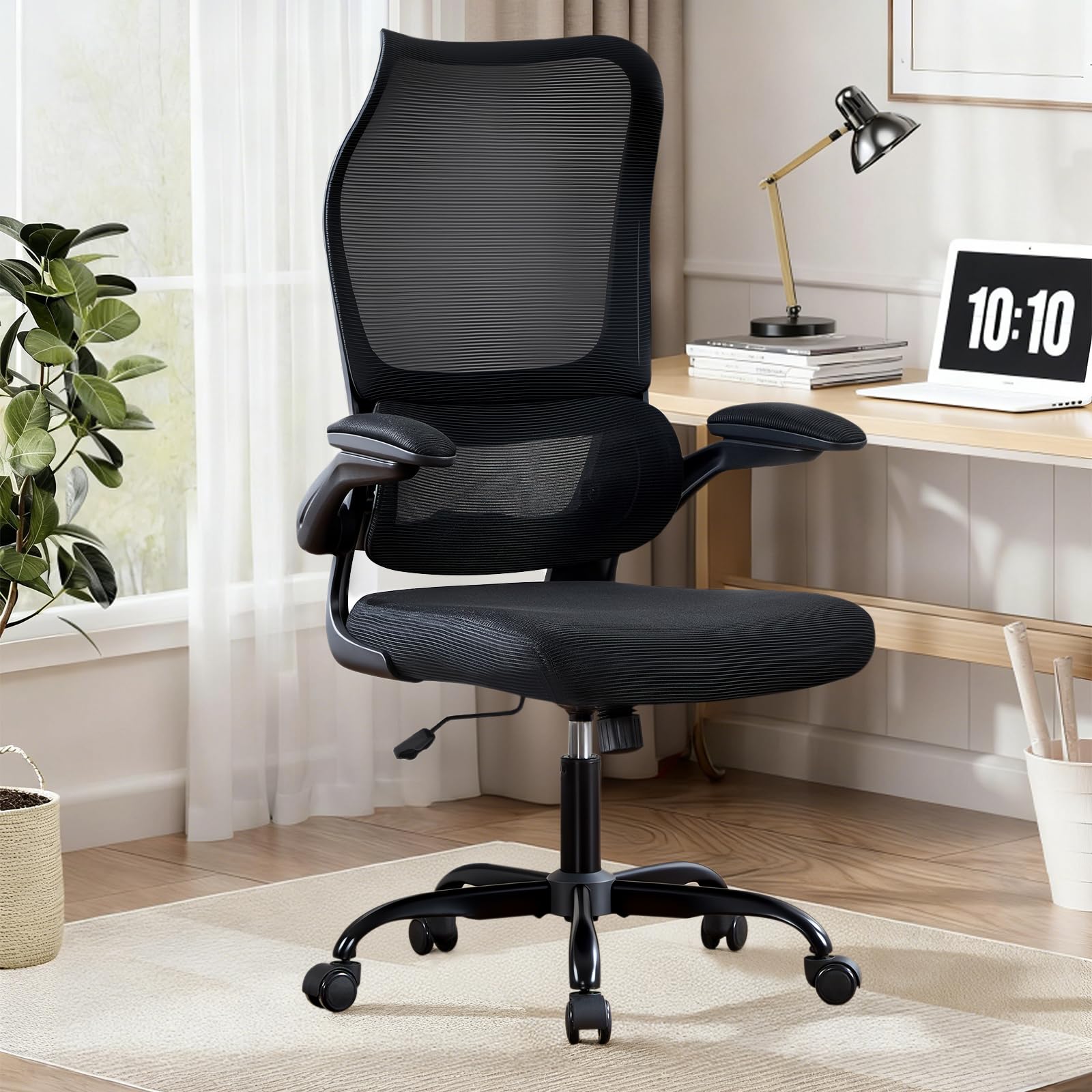 Ergonomic Office Chair with Adjustable Lumbar Support, Mesh Back, Flip-Up Arms, Rocking Mode with Tension Control, 300 lbs Weight Capacity, Black and White (Black)