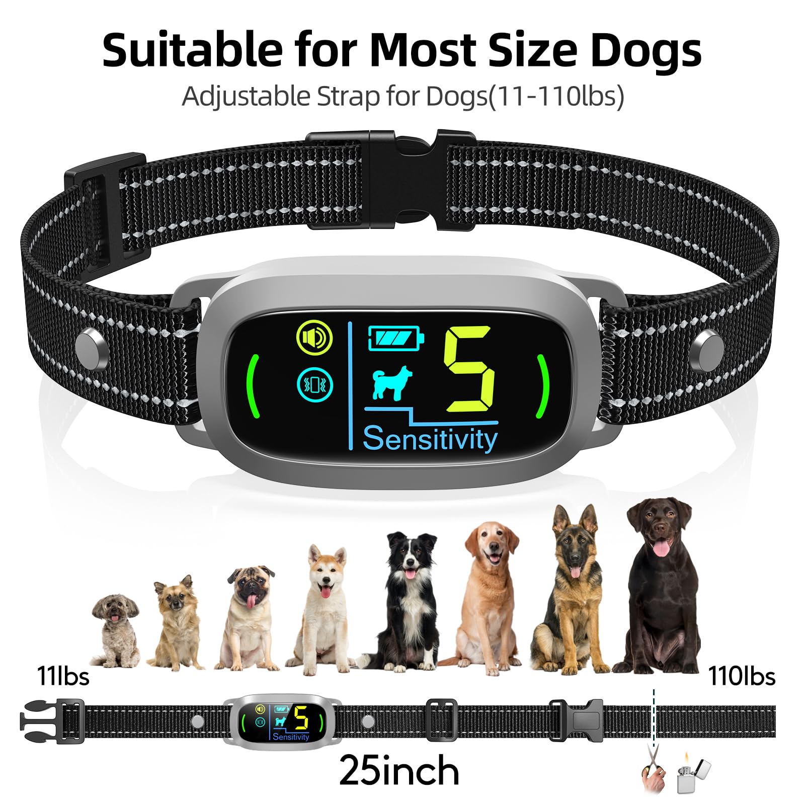 Dog Bark Collar for Large Medium Small Dogs, Rechargeable Smart Bark Collar, Anti Barking Training Collar with 5 Adjustable Sensitivity Beep Vibration (Grey)