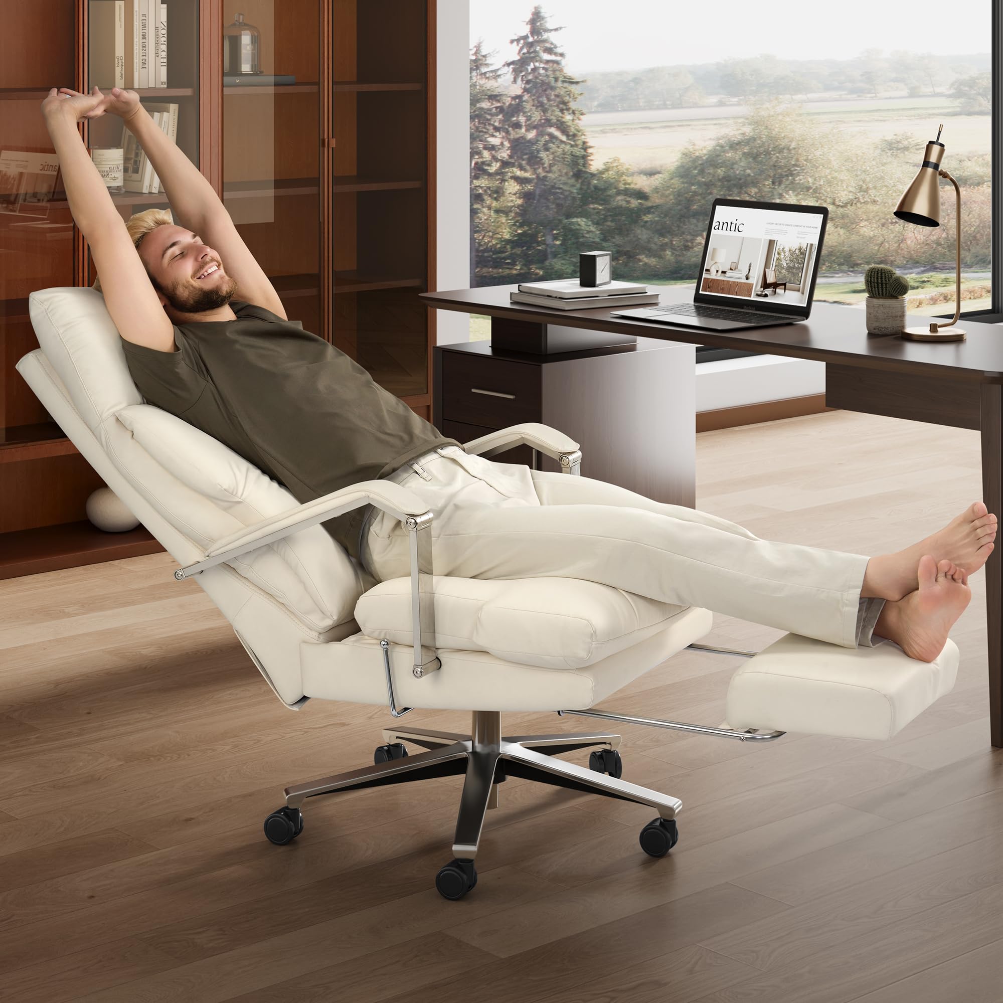 160° Reclining Office Chair with Footrest, 10" Thick Cloud Cushion Executive Desk Chair, Extra Wide Cross-Legged Ergonomic Chair for Big and Tall, Adjustable Seat Depth, Easy Assembly, Cream
