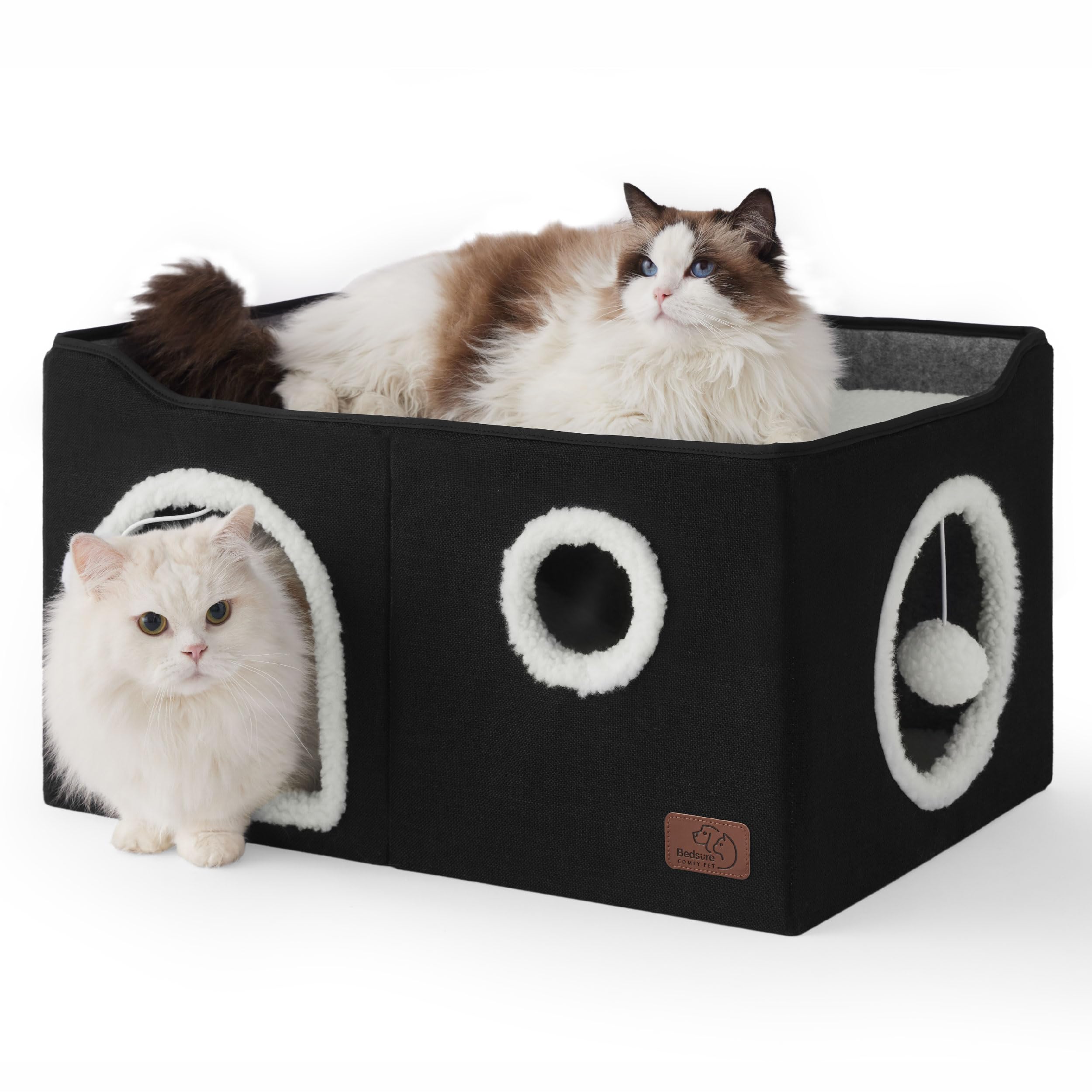 Large Cat Beds for Indoor Cats - Extra Wide Cat Cube House for Small Pet with Fluffy Ball Hanging and Scratch Pad, Foldable Pet Cave Hideaway for Multiple Cats, 23.6x16.9x13 inches, Black