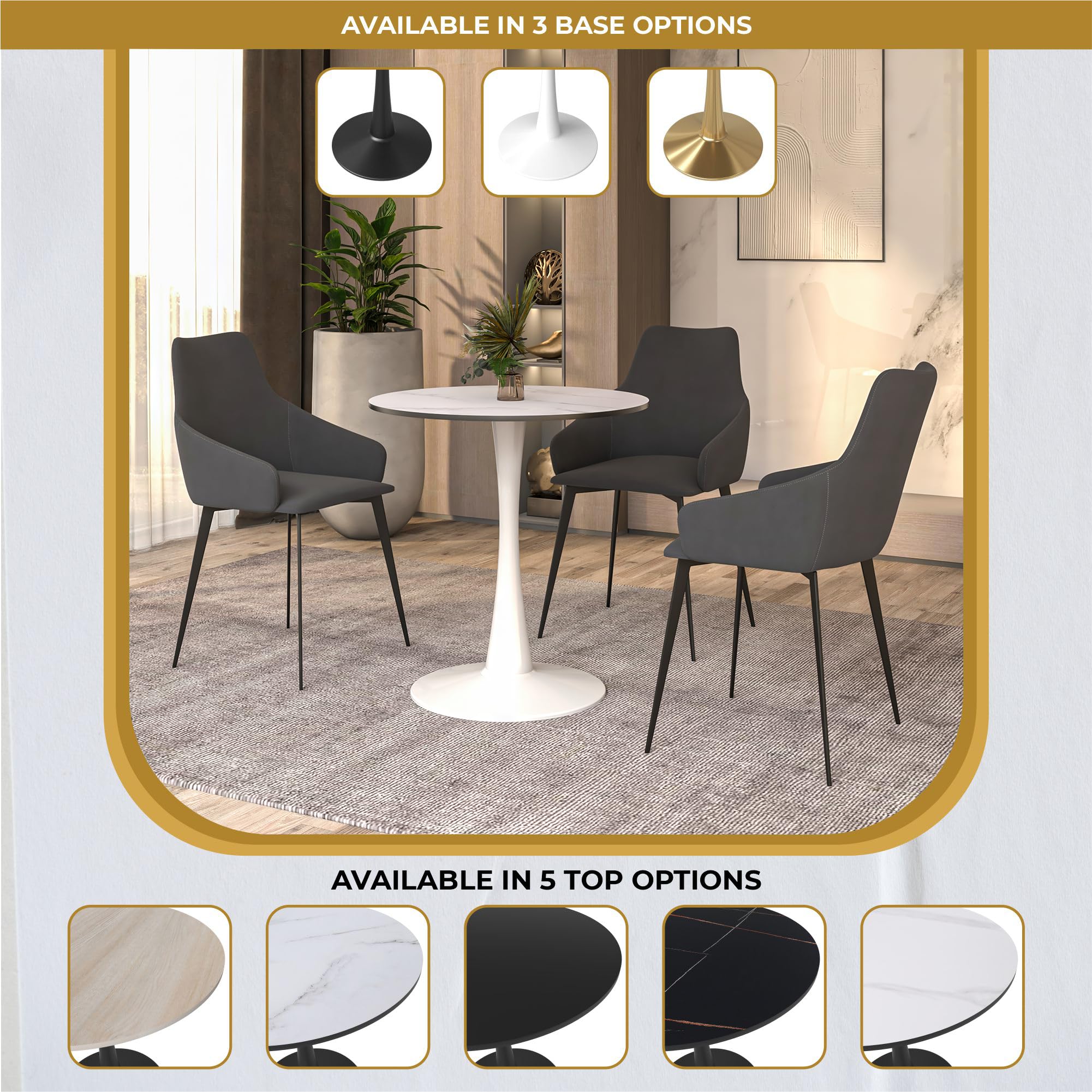 24" Wide Round Dining Table, Modern MDF Wood Top & White Metal Pedestal Base Gloss Finish Accent Table Mid-Century Café Table, Kitchen Dining Room Furniture, Marbled White