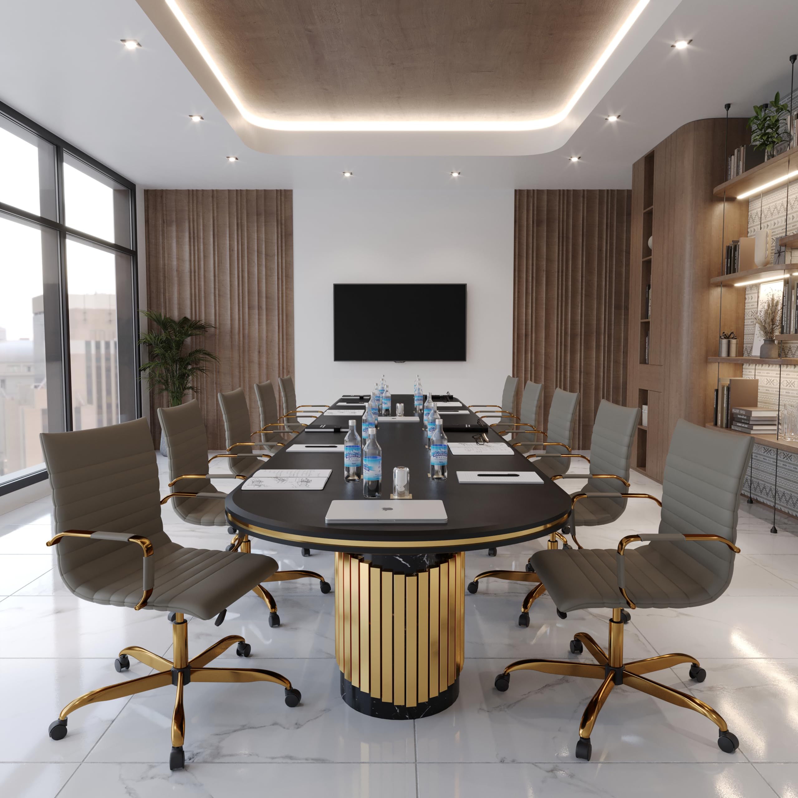 Modern Ergonomic Executive Office Chair, High-Back Leather Conference Desk Chair with Adjustable Height, Tilt Control, 360° Swivel & Gold Frame for Home Office