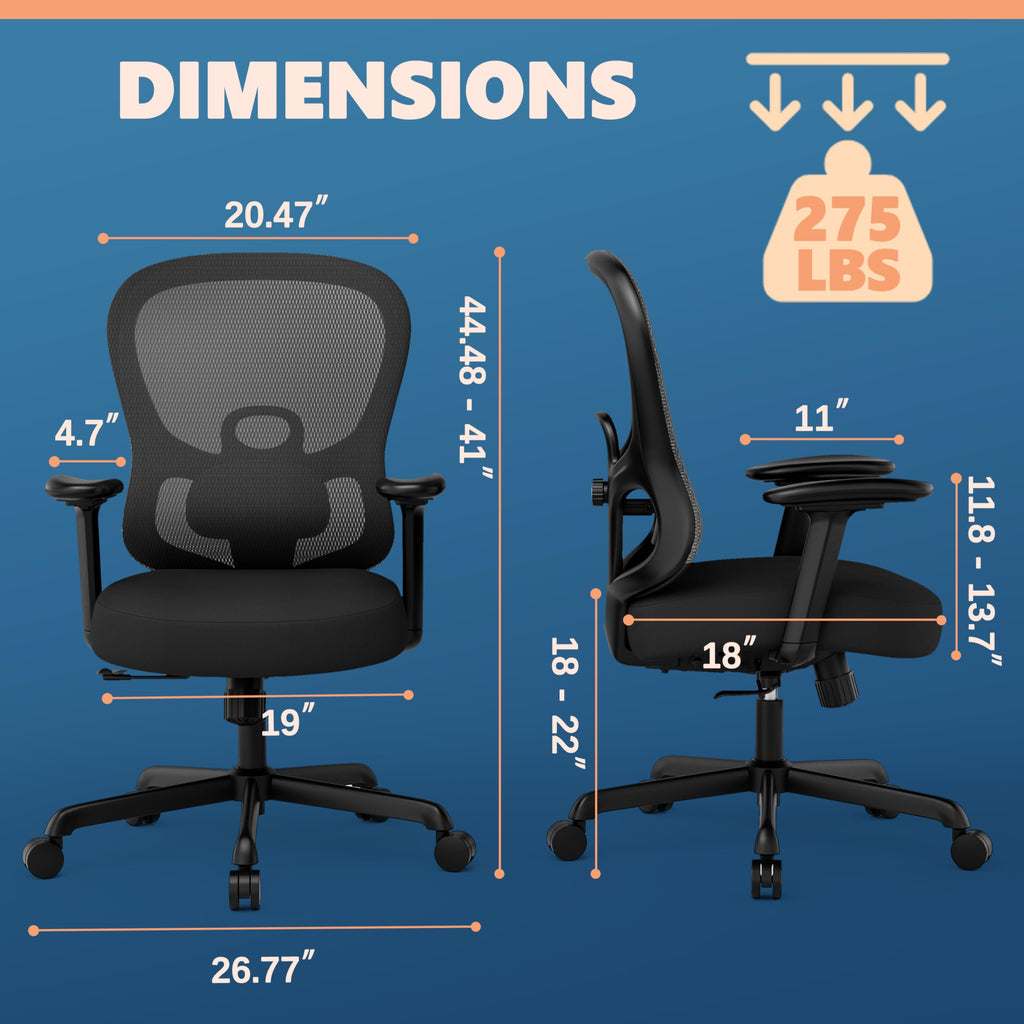 Ergonomic Office Chair,Home Desk Chair with Mesh Back,Adjustable Lumbar Support,Built-in Springs Wide Seat,Executive Task Chair with 3-D Big Armrests,Tilt Function,Computer Desk Chair