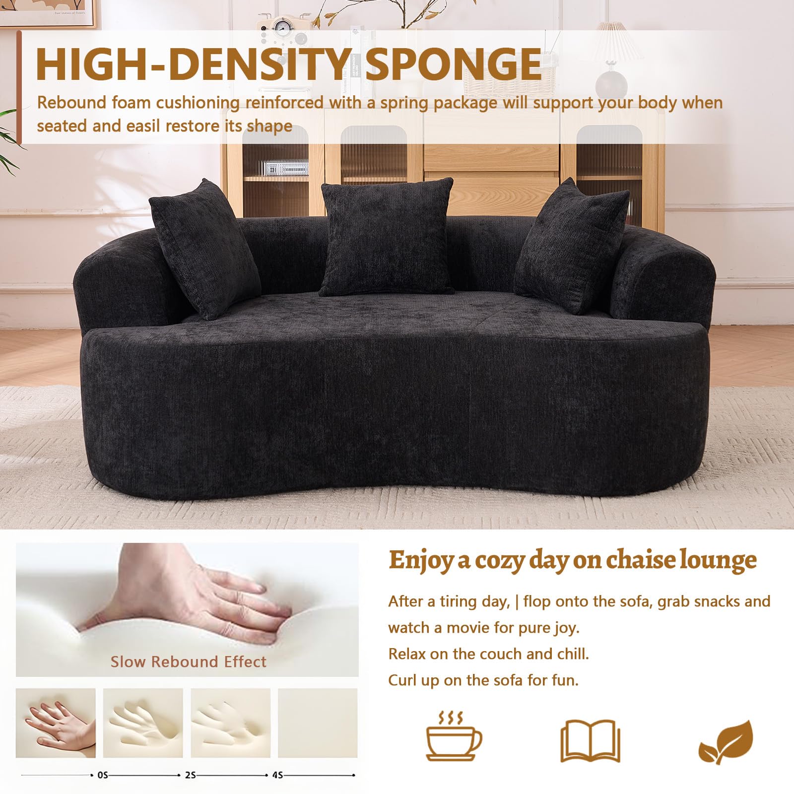 67" Curved Loveseat for Small Spaces, Black Curved Couches for Living room, Compression Sofa in a Box with 3 Pillows, Small Couch for Bedroom with Wide Armrest & Memory Foam, No Assembly Required