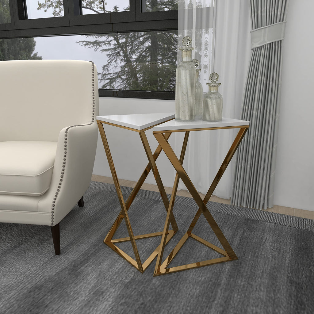 Metal Side End Accent Table End Table with Marble Top, Set of 2 Side Table 14"W, 24"H, Gold