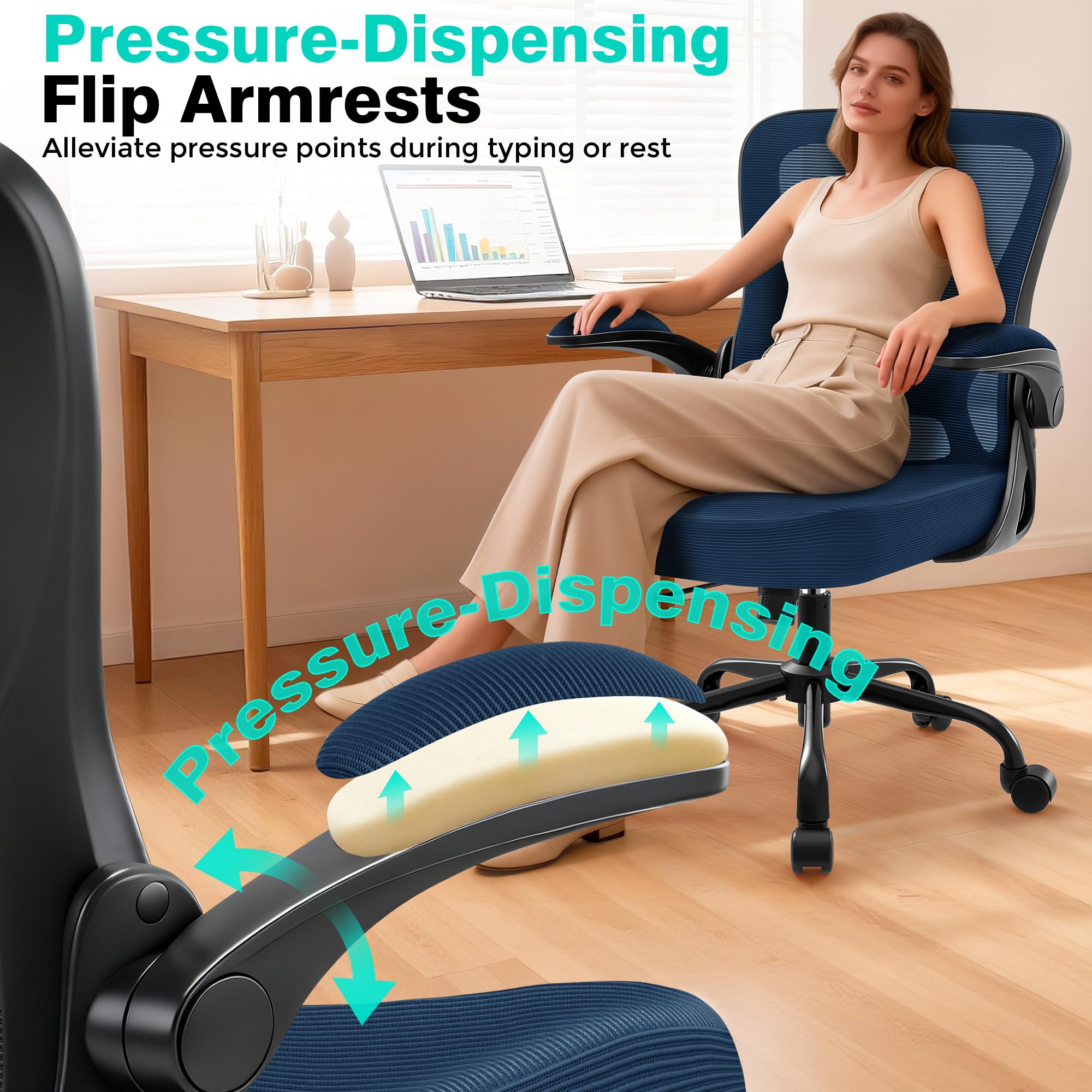 Office Chair - Ergonomic Breathable Mesh Desk Chair with Adjustable Lumbar Support and Flip-up Armrests - Executive High Back Rolling Swivel Comfortable Computer Gaming Chair for Home Office