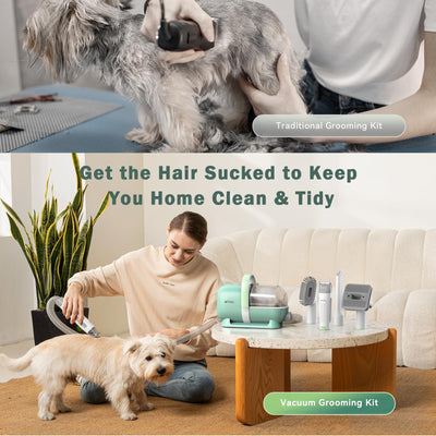 6-in-1 Dog Grooming Kit, Pet Grooming Vacuum for Shedding, Dog Hair Vacuum with Clipper Nail Trimmer Grinder, Pet Brush Groomer at Home, Low Noise Cats Hair Remover, 1.5L Dust Cup, Green