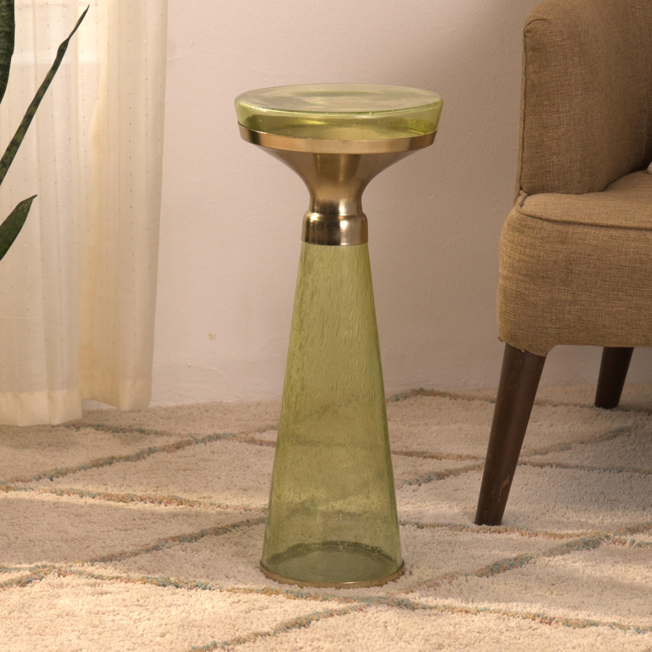Modern Decorative Round Drink Table with Glass Base and Top with Gold Metal Accent, Martini, Gold Pedestal Table, Tall Side Table, Small Space end Table, for Living Room & Bedroom, Green,Assembled