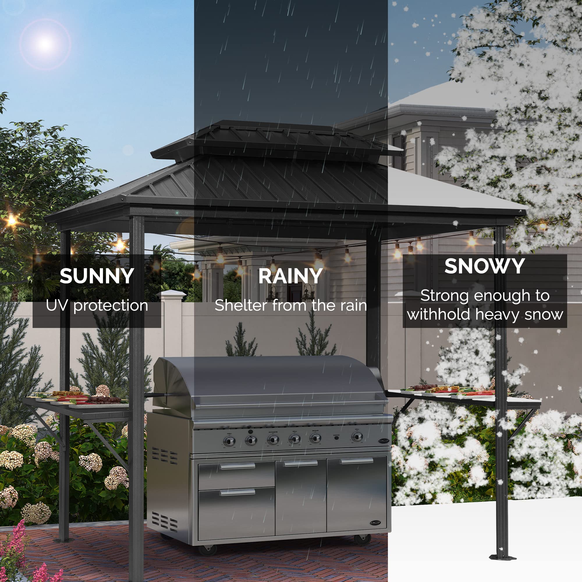 6.5' X 10' Hardtop Grill Gazebo for Patio Permanent Aluminum Barbeque Shelter Gazebo Canopy with Ceiling Hook and Shelves Double Tiered Grey Outdoor BBQ