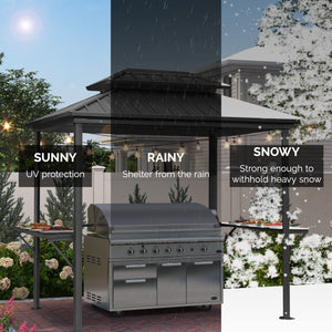 6.5' X 10' Hardtop Grill Gazebo for Patio Permanent Aluminum Barbeque Shelter Gazebo Canopy with Ceiling Hook and Shelves Double Tiered Grey Outdoor BBQ
