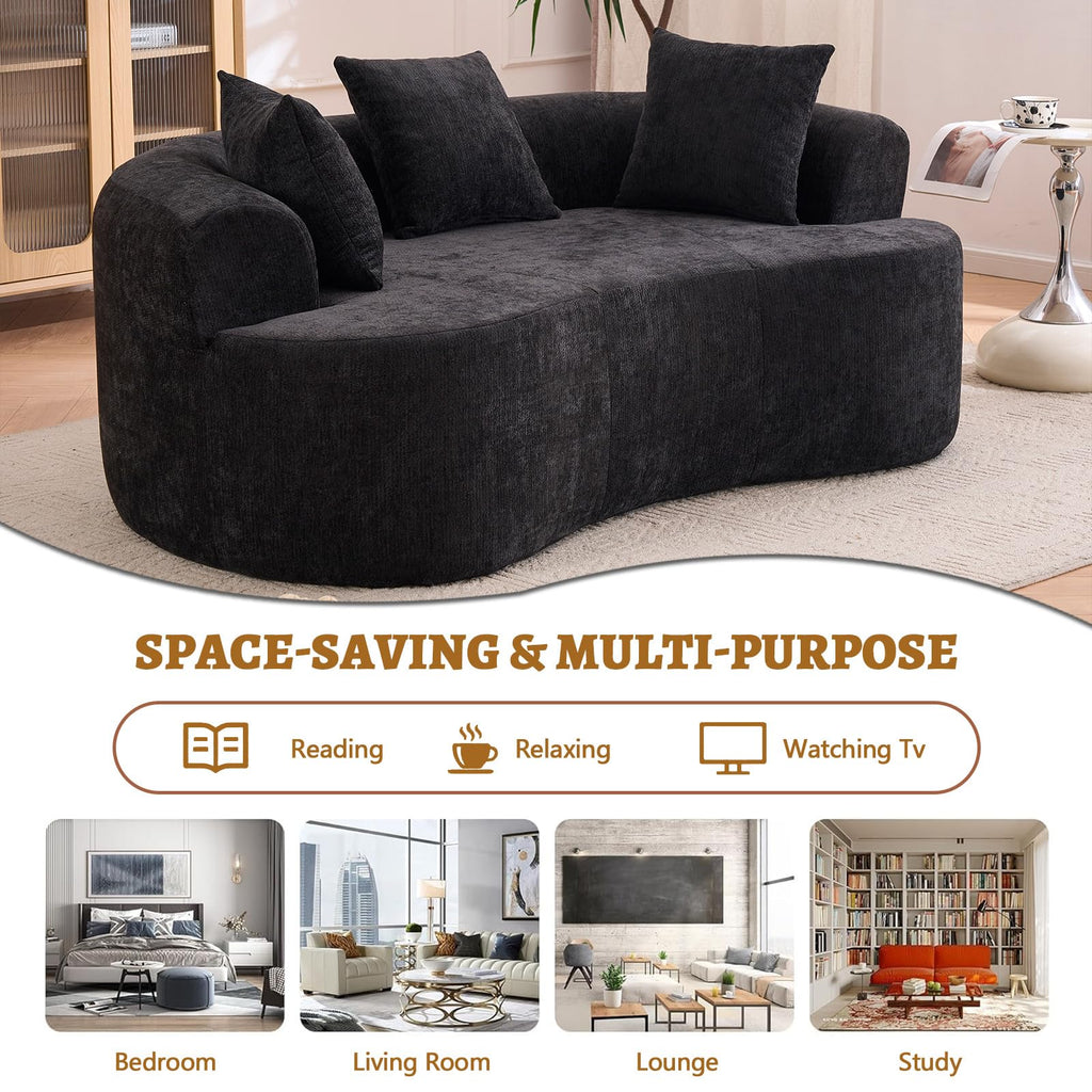 67" Curved Loveseat for Small Spaces, Black Curved Couches for Living room, Compression Sofa in a Box with 3 Pillows, Small Couch for Bedroom with Wide Armrest & Memory Foam, No Assembly Required