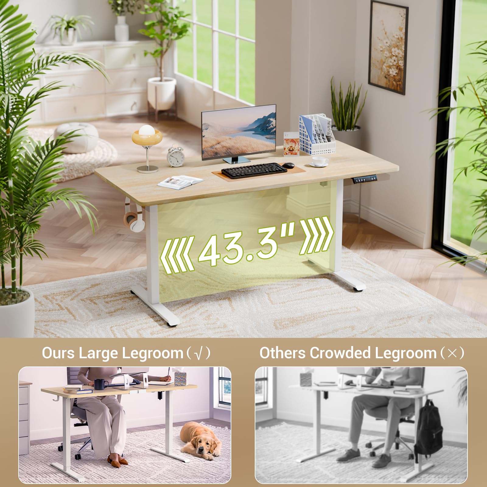 55 Inch Large Electric Standing Desk, 4 Memory Heights Adjustable,Sit to Stand Up, Work Home Office Computer Table for Study, Walking Pad, Writing, and Games, Wooden Desktop Desks, Nature Wood