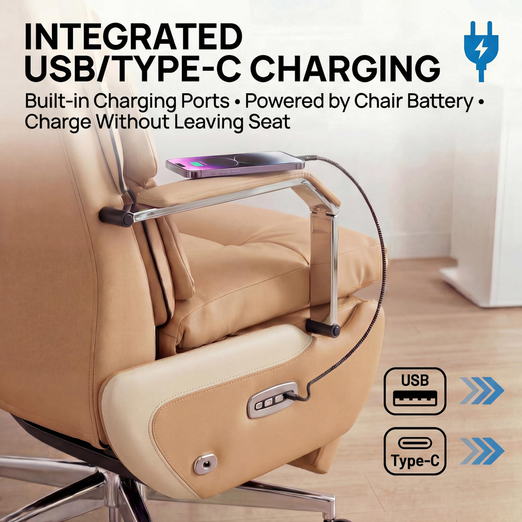 Dual Motor Executive Home Reclining Office Chair with Footrest - One-Click Electric Recline with Massage & Pillow Support Big and Tall PU Leather Ergonomic Desk Chair, High Back Wide Seat (Brown)