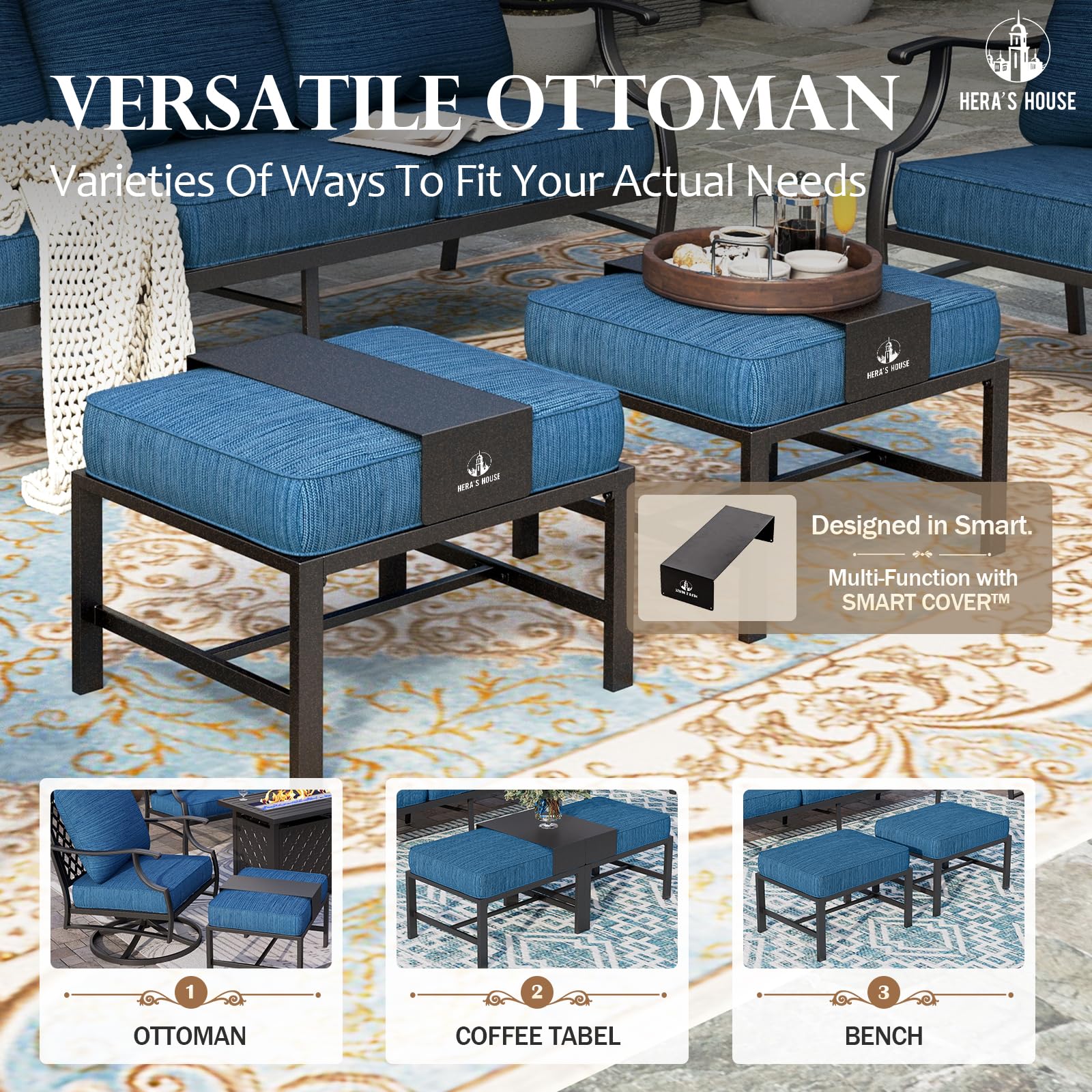 5 Pieces Patio Furniture Set, 2 x Rocking Chair, 2 x Ottoman, 1 x 3-Seat Sofa, All Cushioned 7 Seats Metal Outdoor Conversation Set for Lawn Garden Backyard