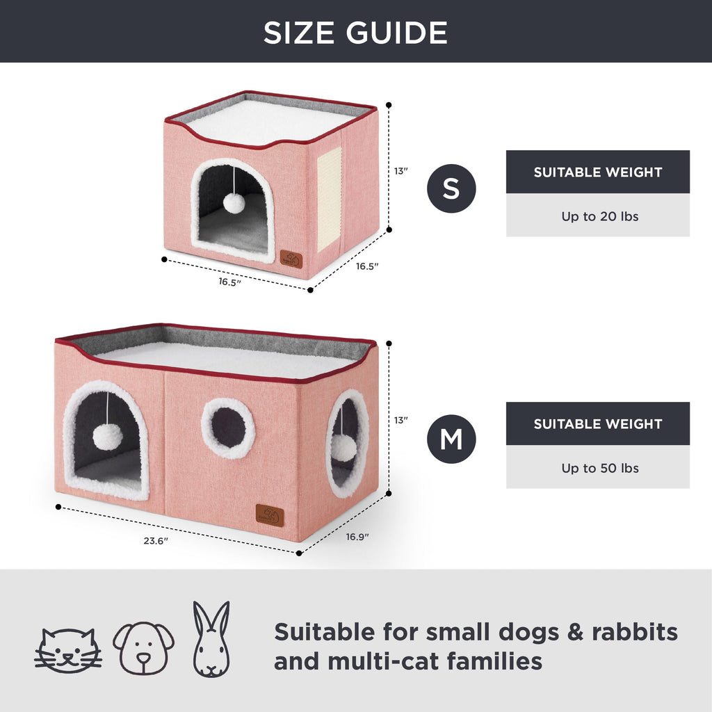 Large Cat Beds for Indoor Cats - Extra Wide Cat Cube House for Small Pet with Fluffy Ball Hanging and Scratch Pad, Foldable Pet Cave Hideaway for Multiple Cats, 23.6x16.9x13 inches,Pink