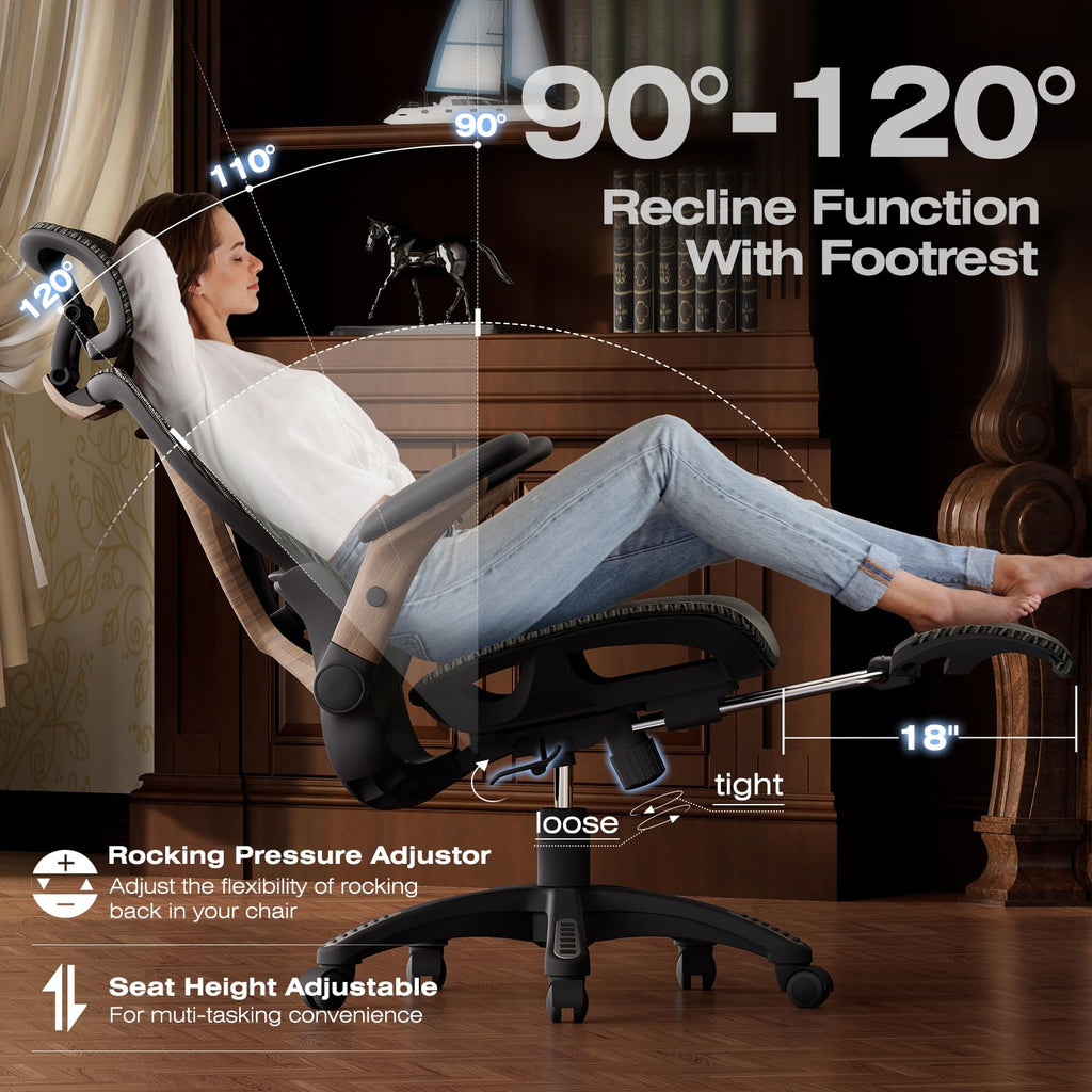 Ergonomic Office Chair with Footrest, Big and Tall Home Desk Chair with 5D Flip-Up Arms, Adjustable 3D Lumbar Support,High Back Rolling Computer Chair, Swivel Mesh Chairs (Coffee Break)