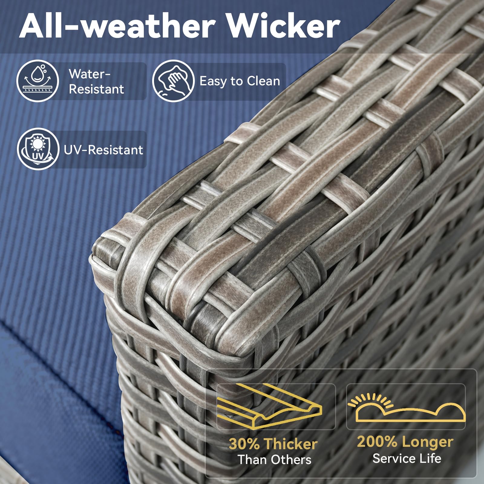 10 Piece Patio Furniture Set-High Back Outdoor Furniture Set Sectional Sofa with Wicker Swivel Patio Chairs,Comfy Cushions Ottomans for Porch Balcony Patio Deck Grey/Blue