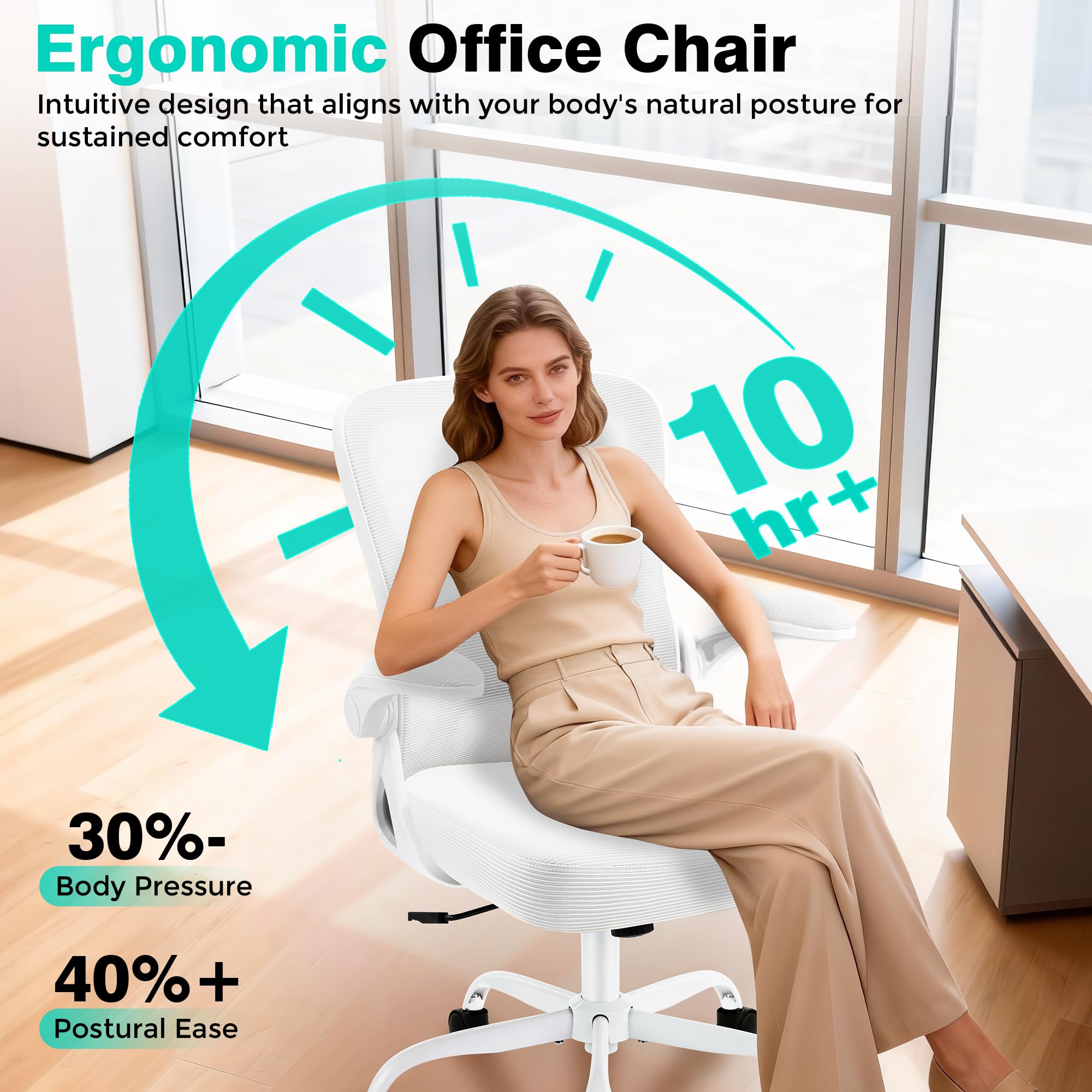 Office Chair - Ergonomic Breathable Mesh Desk Chair with Adjustable Lumbar Support and Flip-up Armrests - Executive High Back Rolling Swivel Comfortable Computer Gaming Chair for Home Office