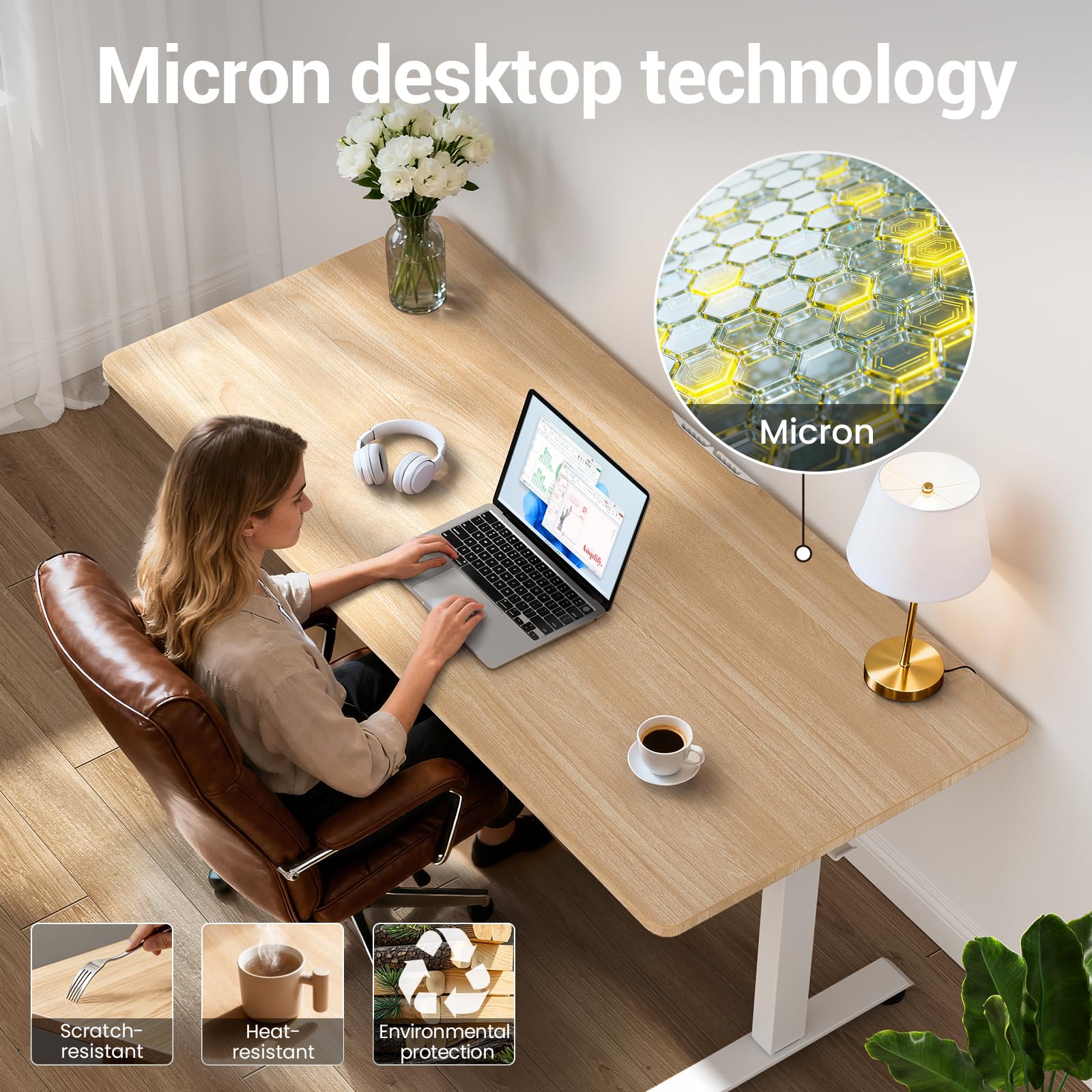 55 Inch Large Electric Standing Desk, 4 Memory Heights Adjustable,Sit to Stand Up, Work Home Office Computer Table for Study, Walking Pad, Writing, and Games, Wooden Desktop Desks, Nature Wood