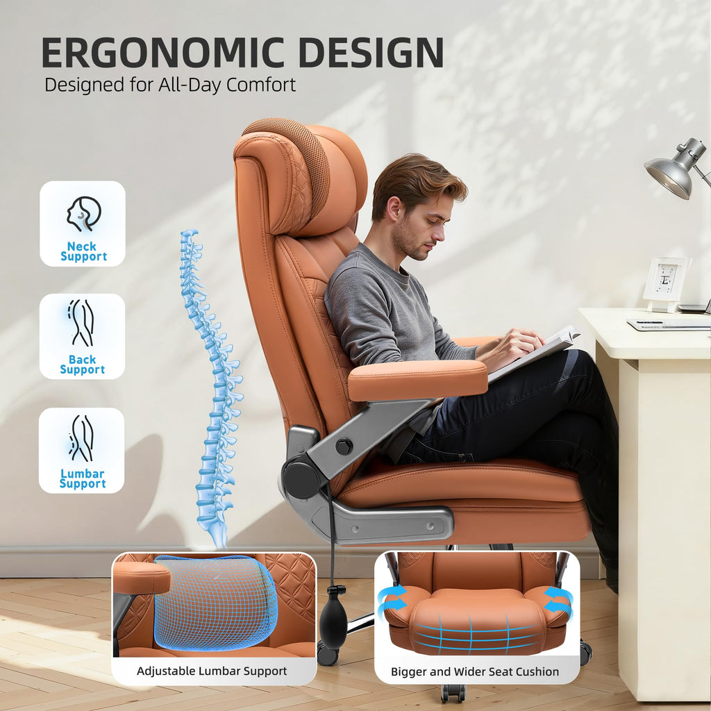 Office Chair, 5D Flip Arm Ergonomic Desk Chair with Adjustable Lumbar Support for Back Pain, Extra Wide 500LBS Comfy Big and Tall Office Chair, Executive Leather Computer Game Chair for Heavy People