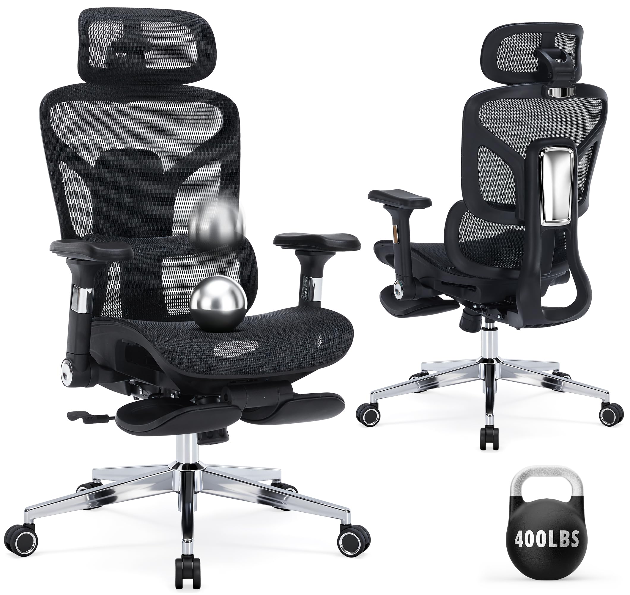 Ergonomic Office Chair with Footrest-Mesh Desk Chair with Adjustable Headrest, 5D Armrests, 3D Lumbar Support & Adjustable Backrest, High Back Swivel Computer Chairs, Heavy Duty Metal Base 400lbs