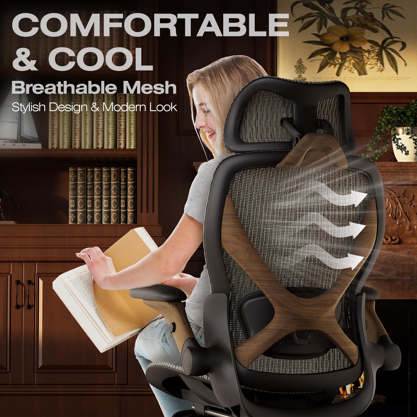 Ergonomic Office Chair with Footrest, Big and Tall Home Desk Chair with 5D Flip-Up Arms, Adjustable 3D Lumbar Support,High Back Rolling Computer Chair, Swivel Mesh Chairs (Coffee Break)