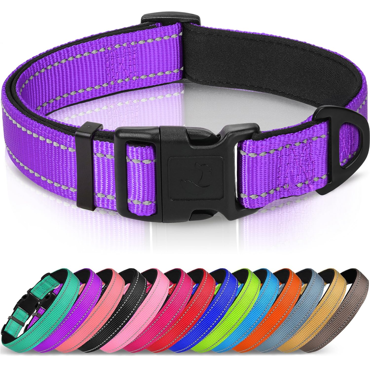 Reflective Dog Collar, Soft Neoprene Padded, Metal D-Ring, Nylon Pet Collar Adjustable for Medium Dogs, Purple, M