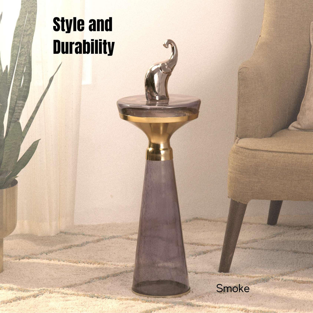 Modern Decorative Round Drink Table with Glass Base and Top with Gold Metal Accent, Martini, Gold Pedestal Table, Tall Side Table, Small Space end Table, for Living Room & Bedroom, Purple,Assembled