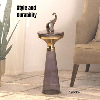 Modern Decorative Round Drink Table with Glass Base and Top with Gold Metal Accent, Martini, Gold Pedestal Table, Tall Side Table, Small Space end Table, for Living Room & Bedroom, Purple,Assembled