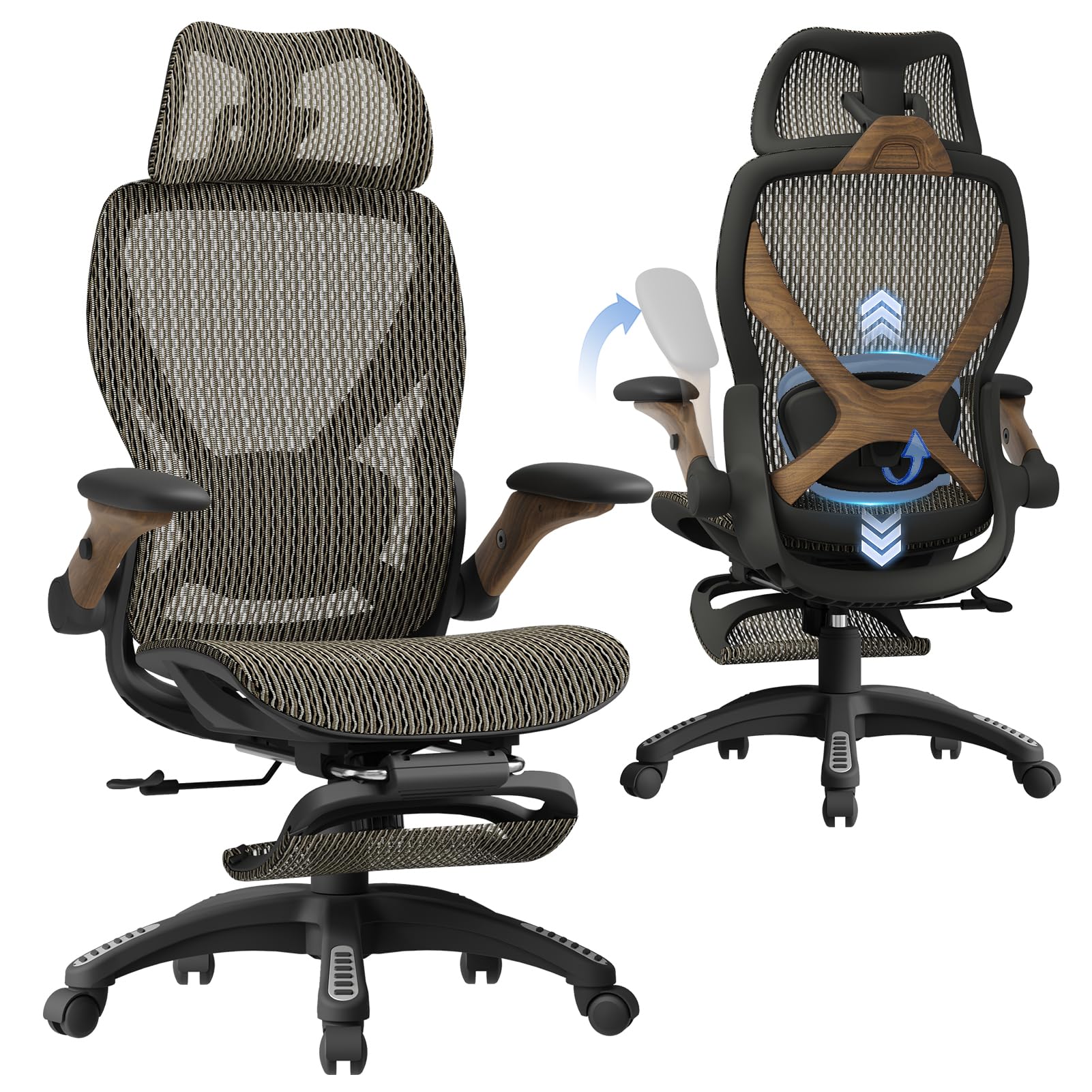 Ergonomic Office Chair with Footrest, Big and Tall Home Desk Chair with 5D Flip-Up Arms, Adjustable 3D Lumbar Support,High Back Rolling Computer Chair, Swivel Mesh Chairs (Coffee Break)