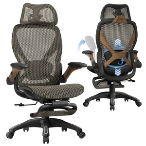 Ergonomic Office Chair with Footrest, Big and Tall Home Desk Chair with 5D Flip-Up Arms, Adjustable 3D Lumbar Support,High Back Rolling Computer Chair, Swivel Mesh Chairs (Coffee Break)