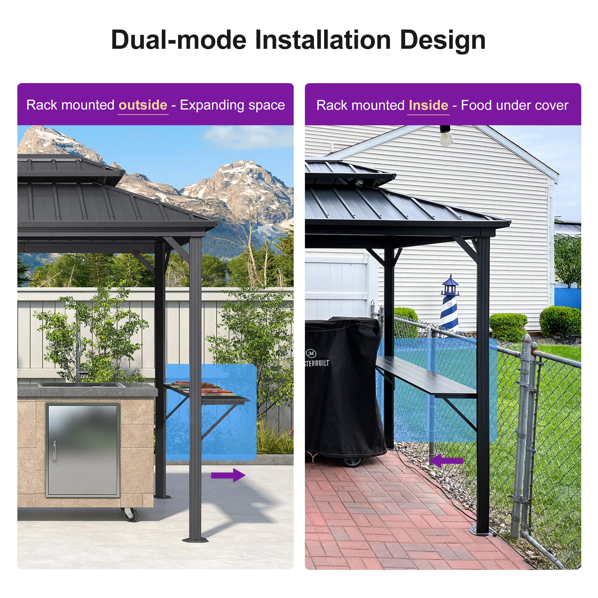 6.5' X 10' Hardtop Grill Gazebo for Patio Permanent Aluminum Barbeque Shelter Gazebo Canopy with Ceiling Hook and Shelves Double Tiered Grey Outdoor BBQ