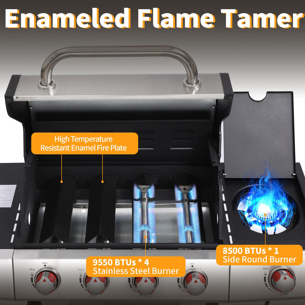 4 Burner Propane Gas Grill Combo w/Side Burner, 3-in-1 BBQ Grill with Charcoal Smoker & Griddle Plate, 46,750 BTU, 448 Sq.In. Stainless Steel Outdoor Cooking Station