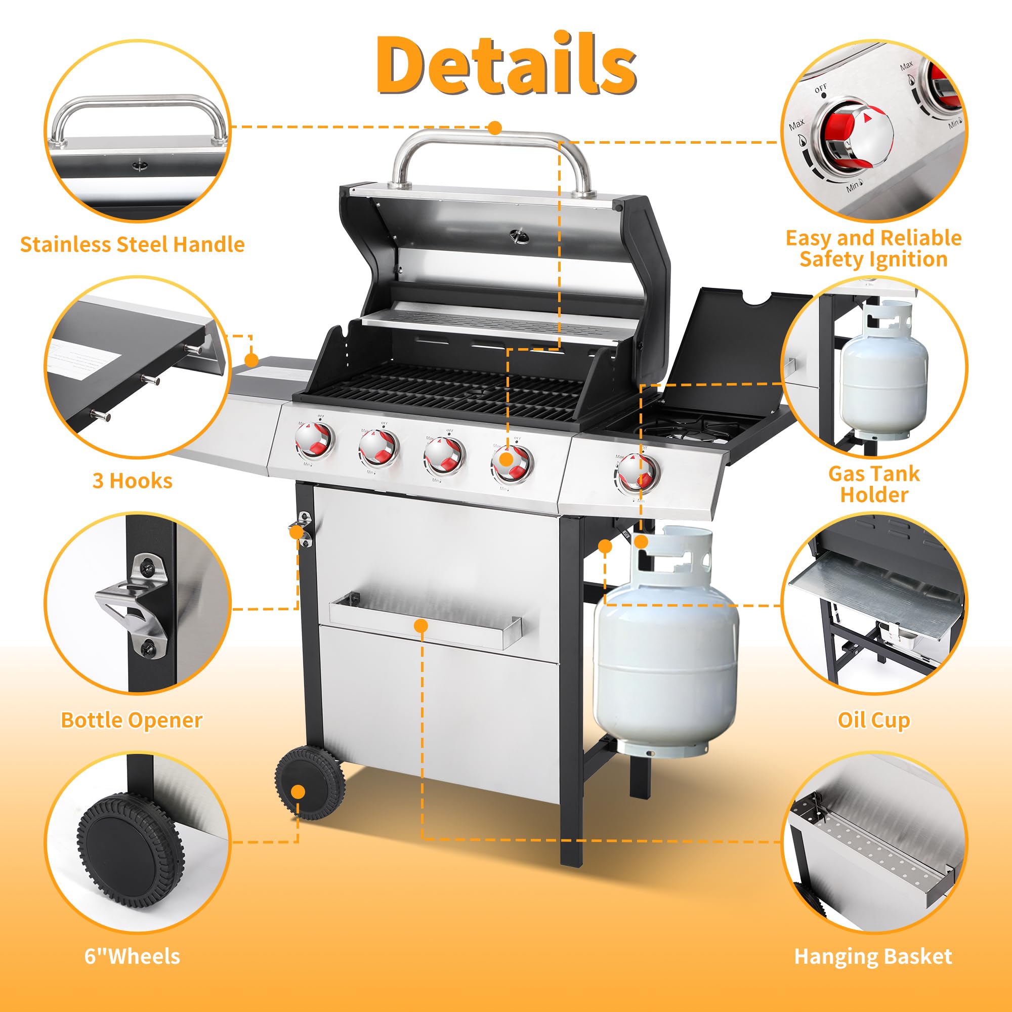 4 Burner Propane Gas Grill Combo w/Side Burner, 3-in-1 BBQ Grill with Charcoal Smoker & Griddle Plate, 46,750 BTU, 448 Sq.In. Stainless Steel Outdoor Cooking Station