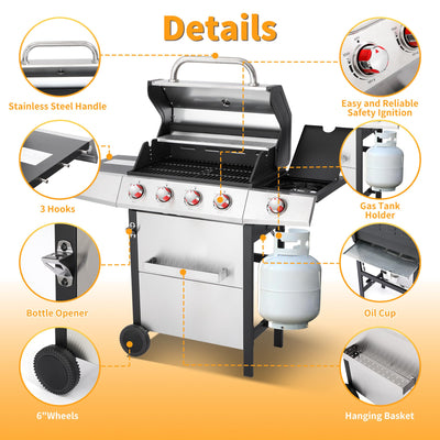 4 Burner Propane Gas Grill Combo w/Side Burner, 3-in-1 BBQ Grill with Charcoal Smoker & Griddle Plate, 46,750 BTU, 448 Sq.In. Stainless Steel Outdoor Cooking Station