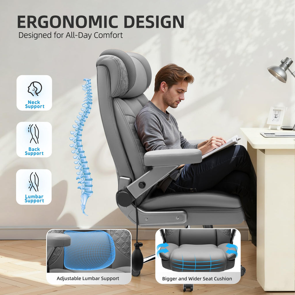 Office Chair, 5D Flip Arm Ergonomic Desk Chair with Adjustable Lumbar Support for Back Pain, Extra Wide 500LBS Comfy Big and Tall Office Chair, Executive Leather Computer Game Chair for Heavy People