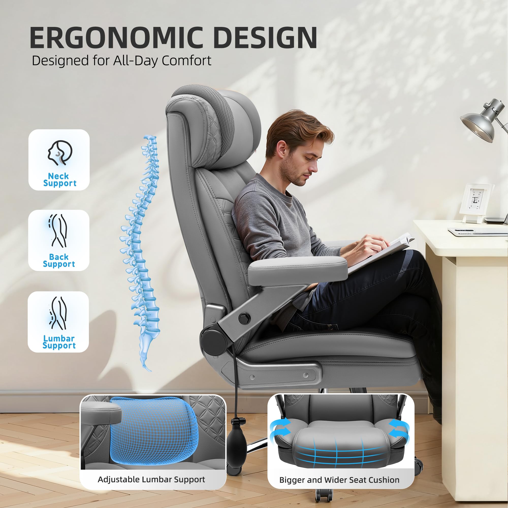 Office Chair, 5D Flip Arm Ergonomic Desk Chair with Adjustable Lumbar Support for Back Pain, Extra Wide 500LBS Comfy Big and Tall Office Chair, Executive Leather Computer Game Chair for Heavy People