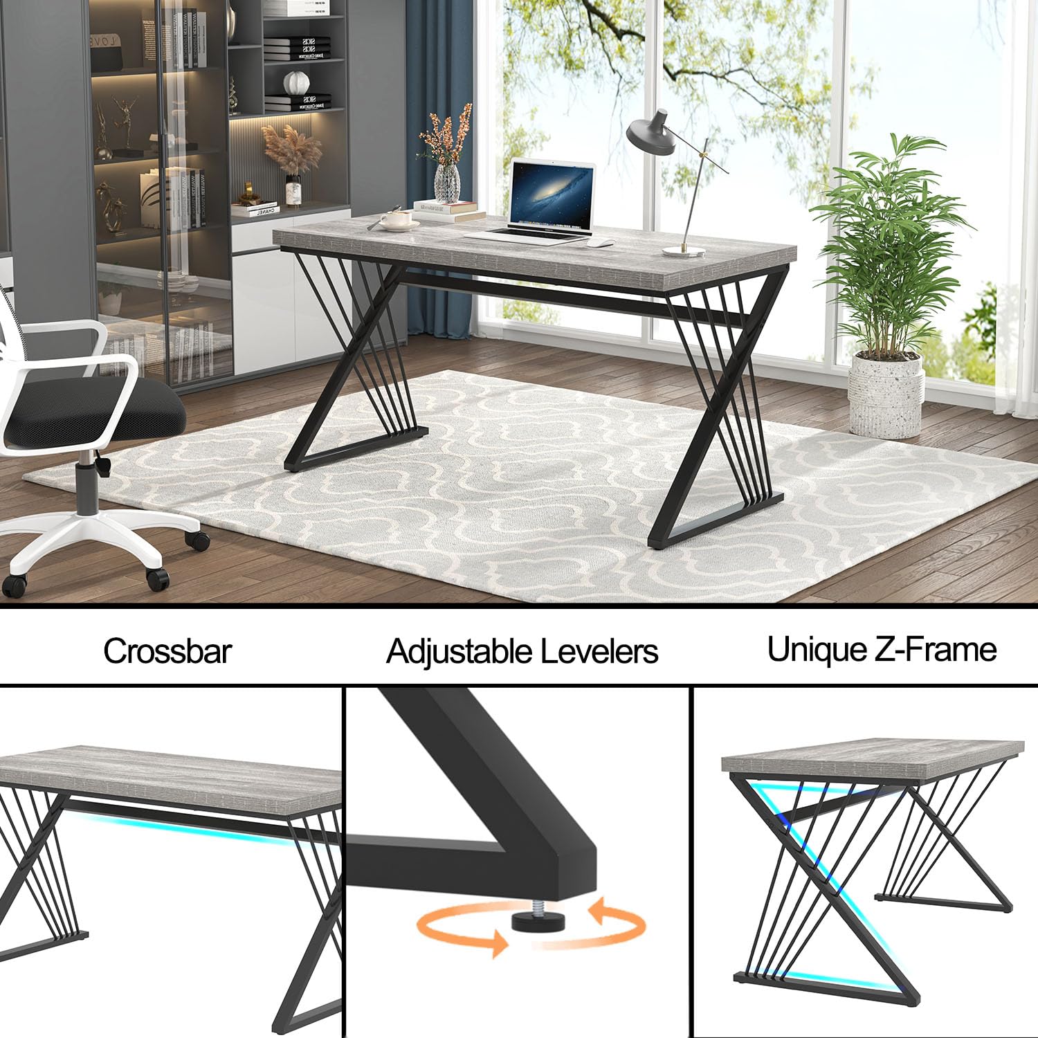 Modern Desk, Rustic Wood and Metal Computer Desk for Home Office, Simple Study Writing Gaming Table for Bedroom Living Room, Light Grey, 53 Inch